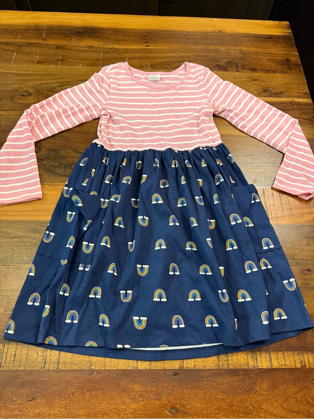 Hanna Andersson Mixie Playdress Girls 8 130 Rainbow Pink Stripe Navy Pockets